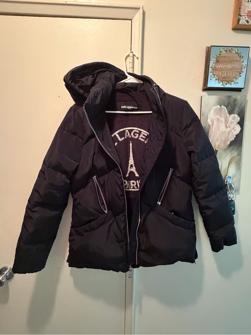 Karl Lagerfeld Black Puffer Jacket with Eiffel Tower Graphic small
